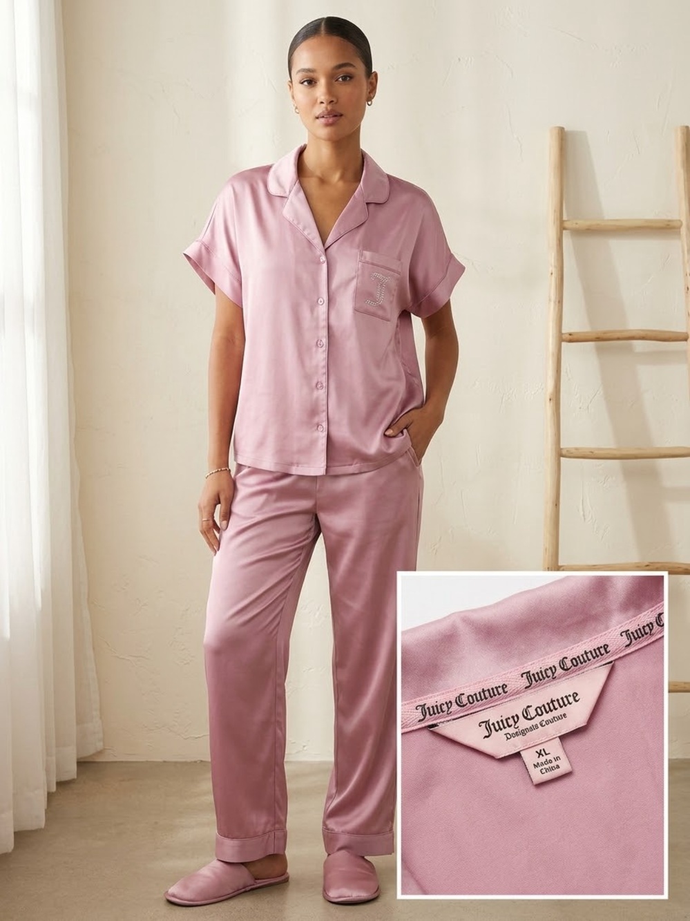 Juicy Couture Pink Short Sleeve Rhinestone 'Juicy' Back Pajama Set